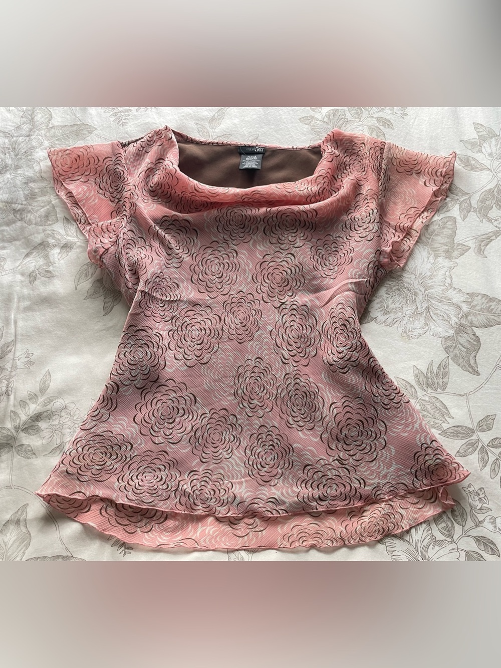 Vintage Pink Brown Floral Cowl Neck Flutter Sleeve Top Medium Fairycore Y2K Boho